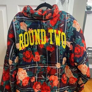 Floral Plaid Jacket with Bold Lettering